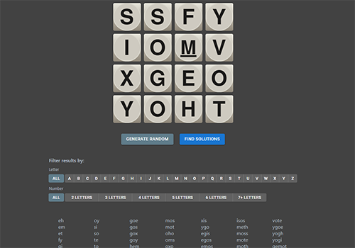 launch live demo Screenshot of boggle solution finder app